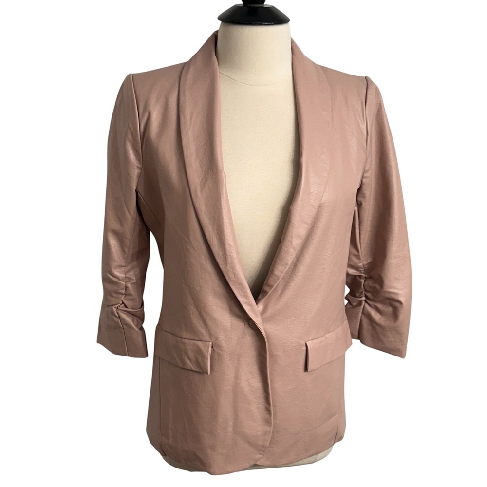 Women 3/4 Ruched Sleeves, Shawl Collar Lapel, Faux Leather Blazer - Picture 2 of 8